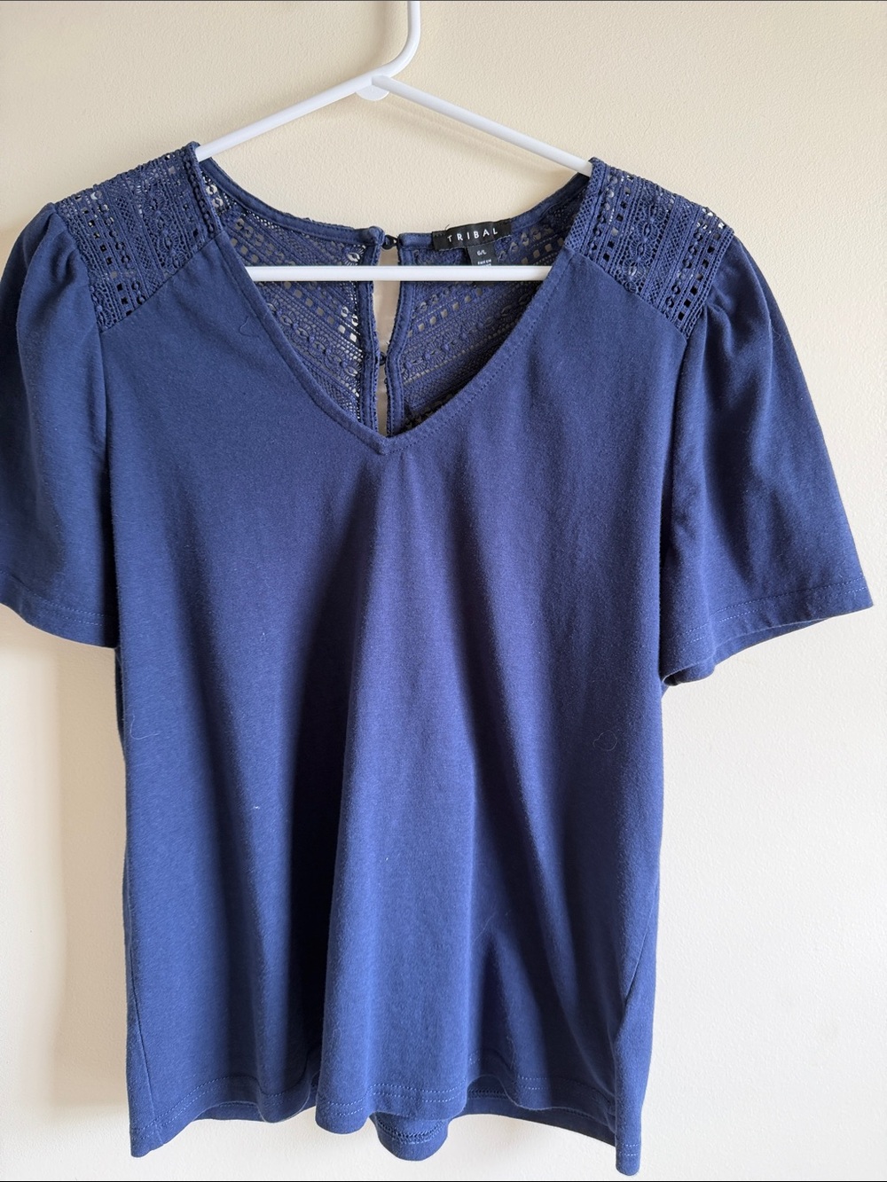 Tribal Navy Short-Sleeve V-Neck Tee with Lace Shoulders